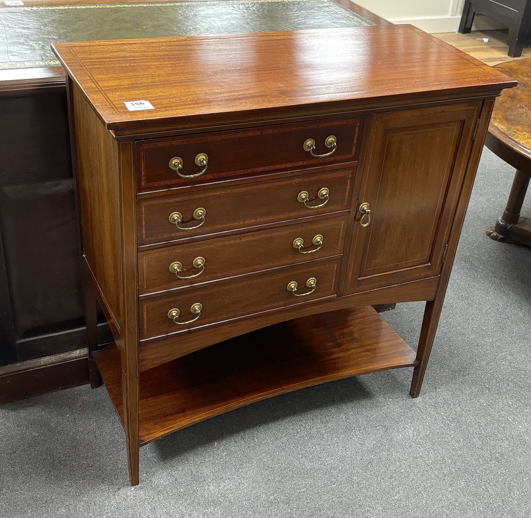 An Edwardian satinwood banded mahogany music cabinet, width 80cm, depth 37cm, height 84cm
